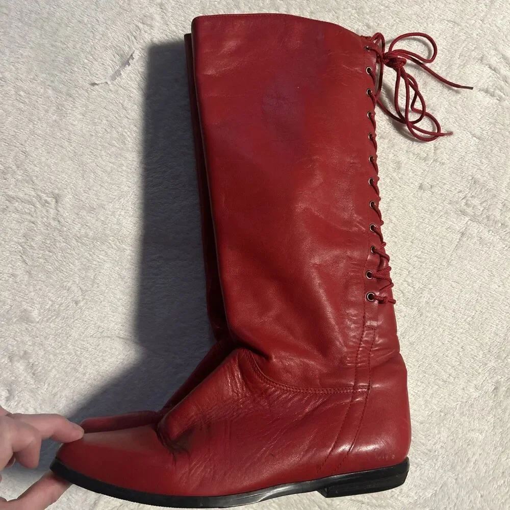 Vintage Flings Screamer 1980s Corset Laced red Leather Boots 7.5 Western